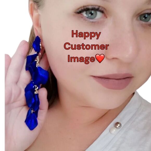 Rich Blue Floral Rose Petals Gold Links Long Tassel Dangle Earrings -NEW - Picture 4 of 4